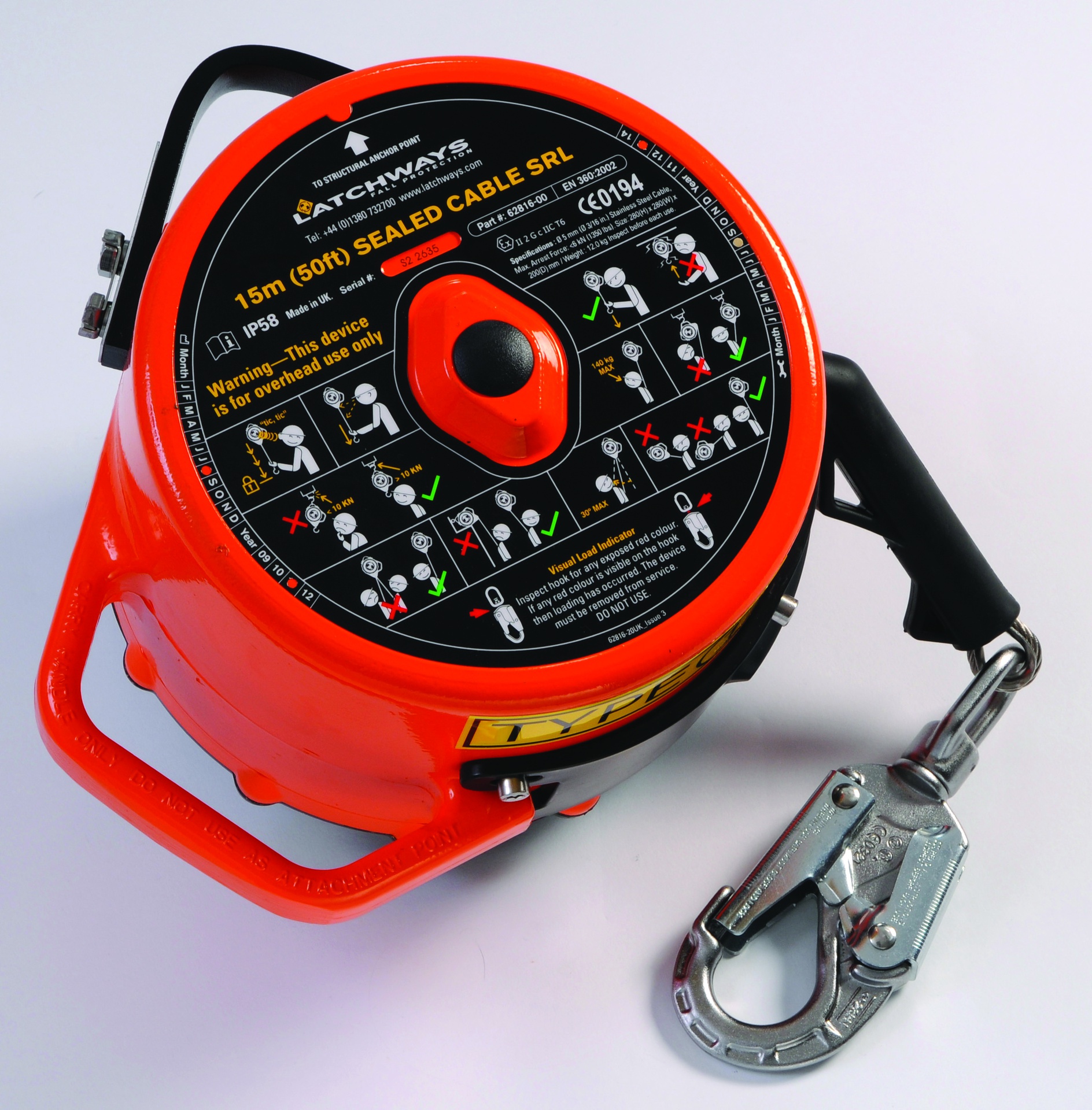 [62816-00US] RETRÁCTIL LATCHWAYS SELLADA IP 69K - ATEX ACERO INOXIDABLE  15 METROS (50 FT)