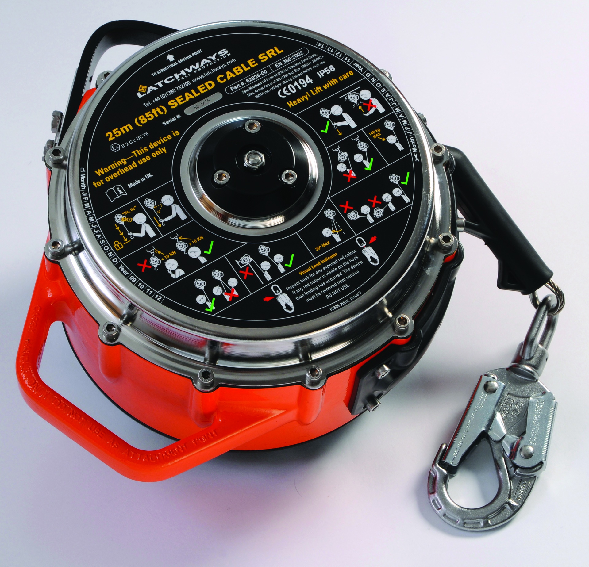 [62826-00US] RETRÁCTIL LATCHWAYS SELLADA IP 69K - ATEX ACERO INOXIDABLE 25 METROS (85 FT)