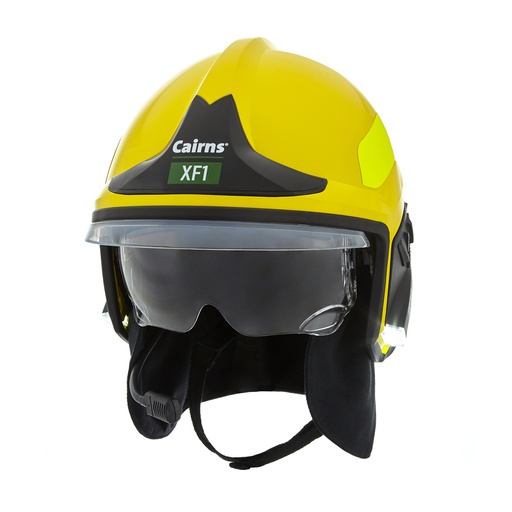 [GYM1018500000- JD16] Casco Cairns XF1, Talla M, Color Amarillo, visor claro, cubre cuello tipo monja, cintas reflejantes color amarillo/lima.